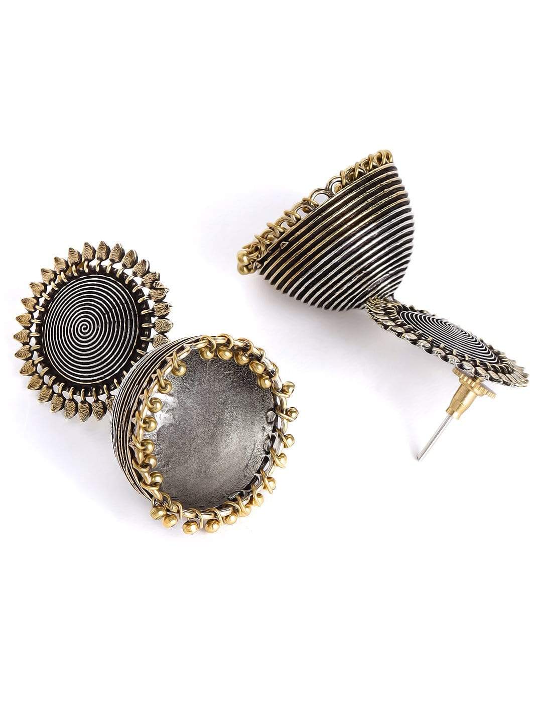 Rubans Set Of 2, Oxidized Finish Jhumka Dangle Earrings Silver::Gold