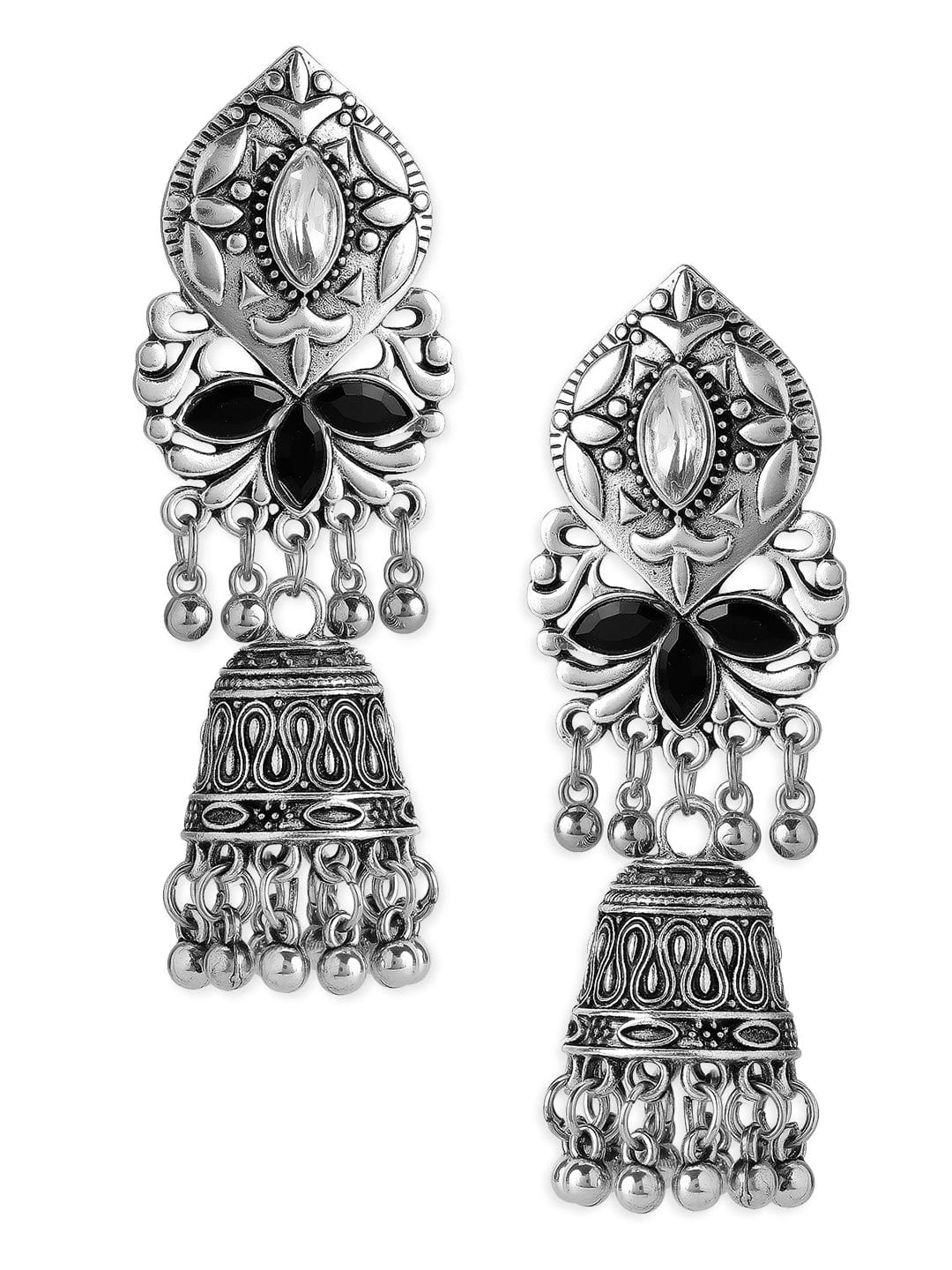 Rubans Set Of 2, Oxidized Finish Jhumka Dangle Earrings Silver::Gold