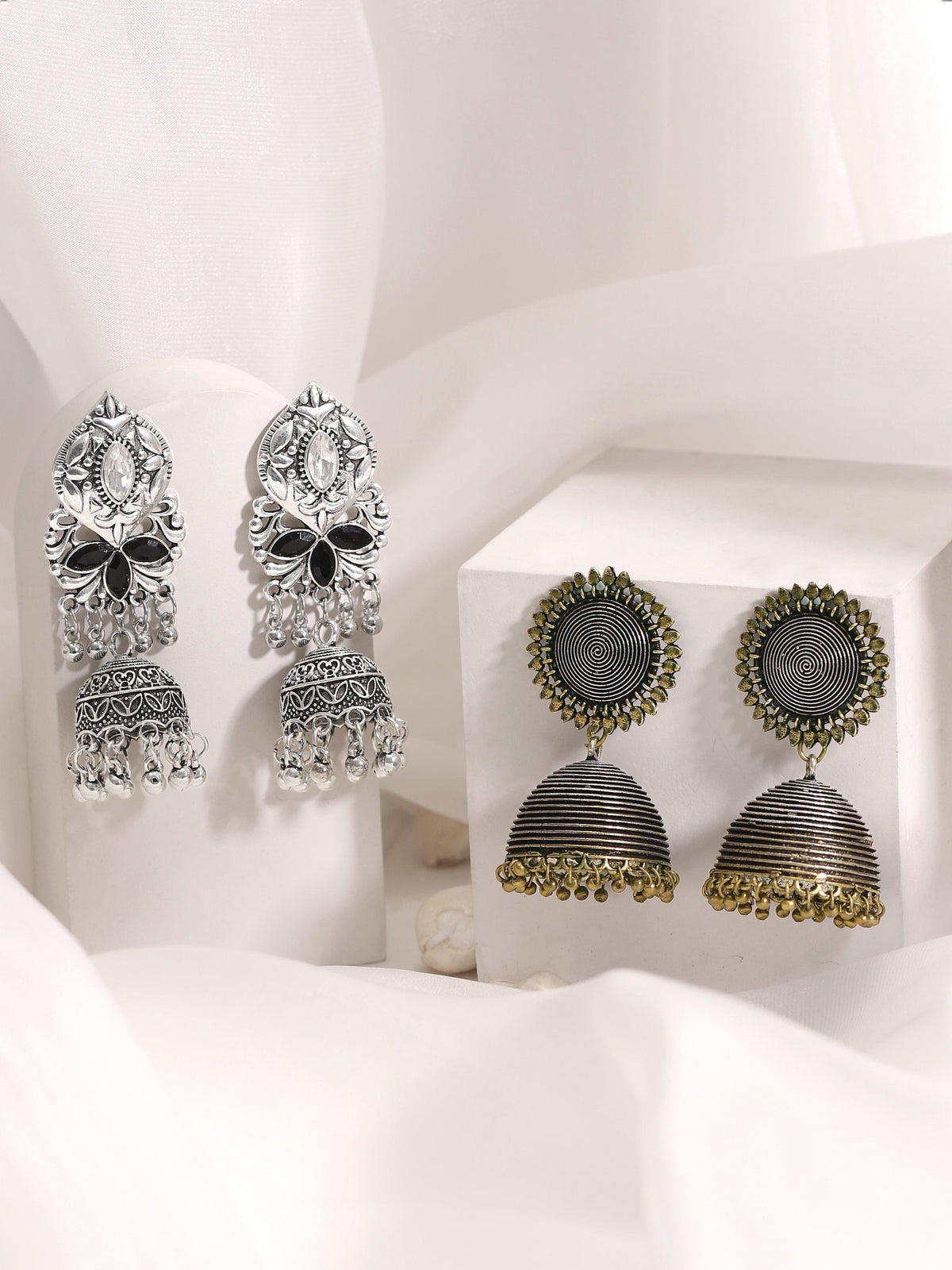 Rubans Set Of 2, Oxidized Finish Jhumka Dangle Earrings Silver::Gold