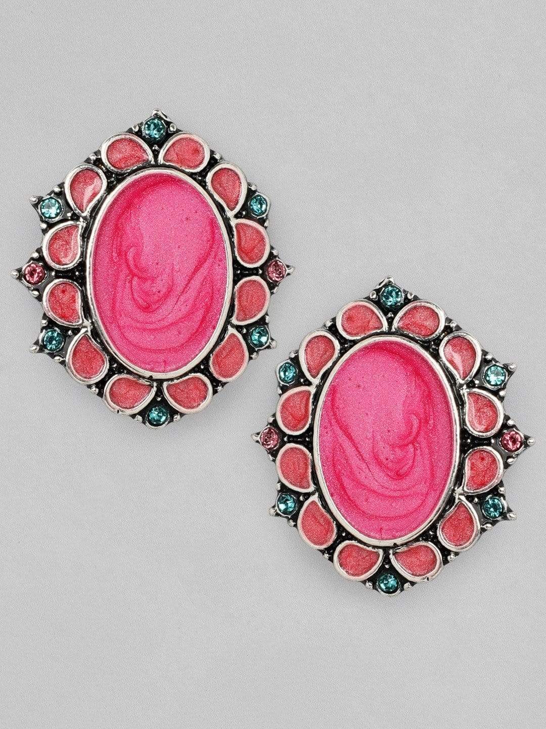 Pink Oxidised Stud Earrings Pack of 2 Multicolor