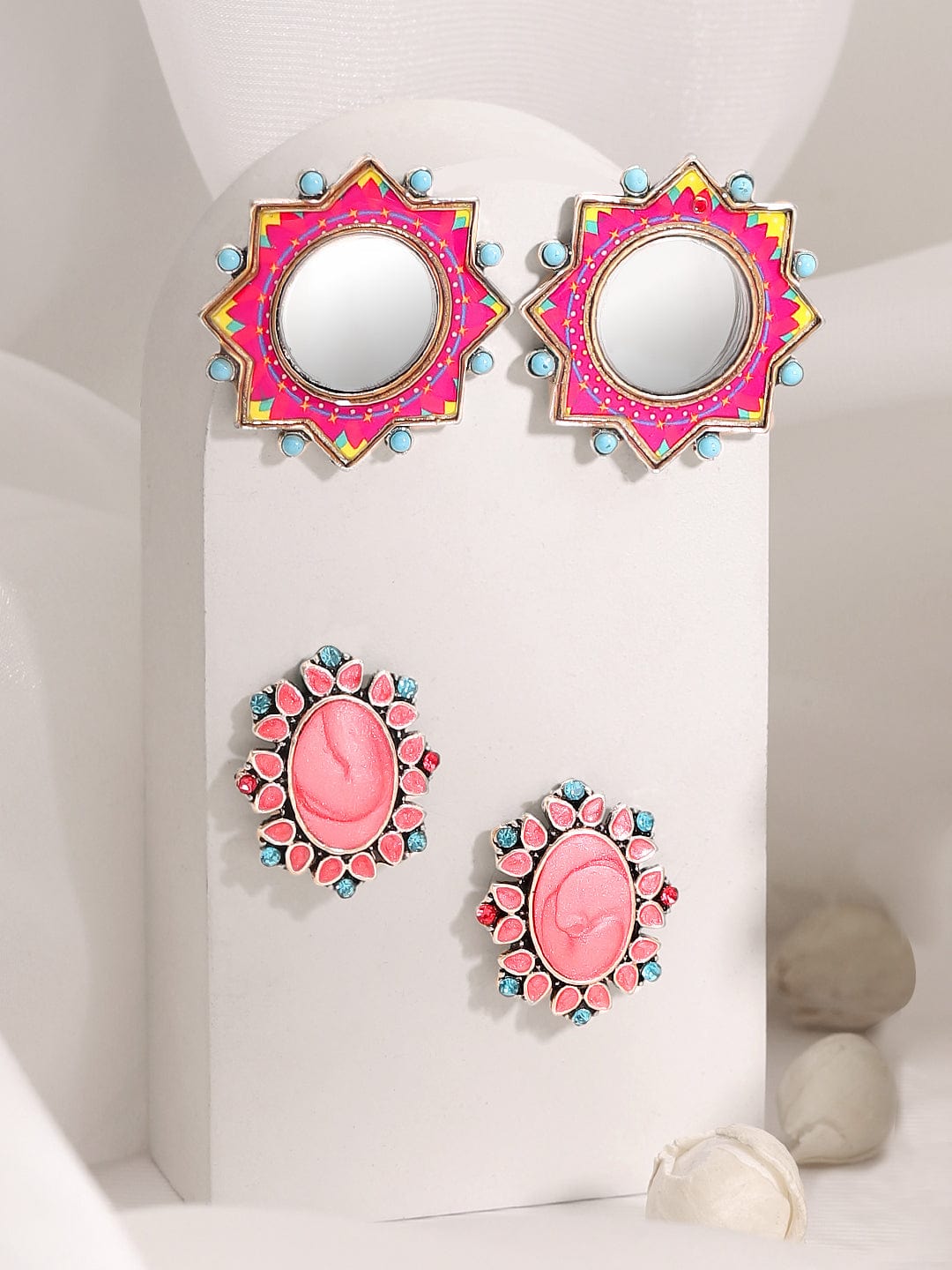 Pink Oxidised Stud Earrings Pack of 2 Multicolor