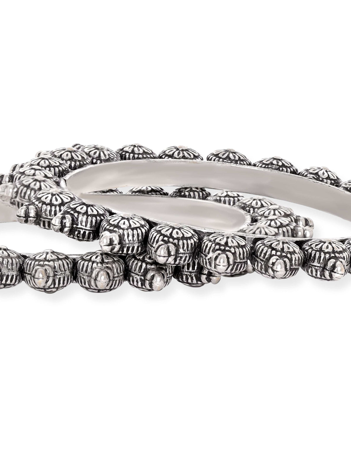 Rubans Set of 2 Oxidized Silver plated Bangles with Lotus Motif 2.8 - Large