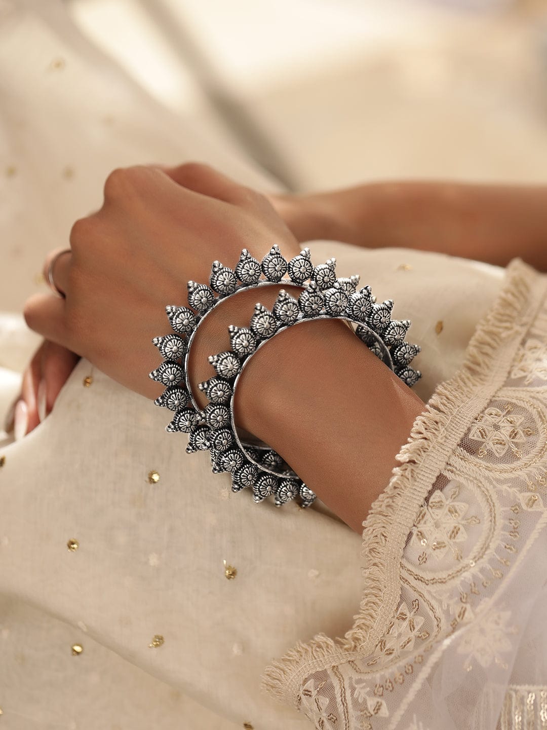 Rubans Set of 2 Oxidized Silver plated Bangles with Lotus Motif 2.8 - Large