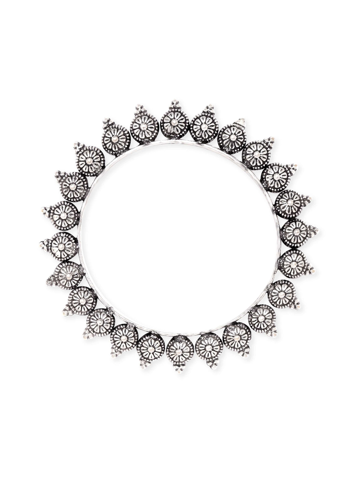 Rubans Set of 2 Oxidized Silver plated Bangles with Lotus Motif 2.8 - Large