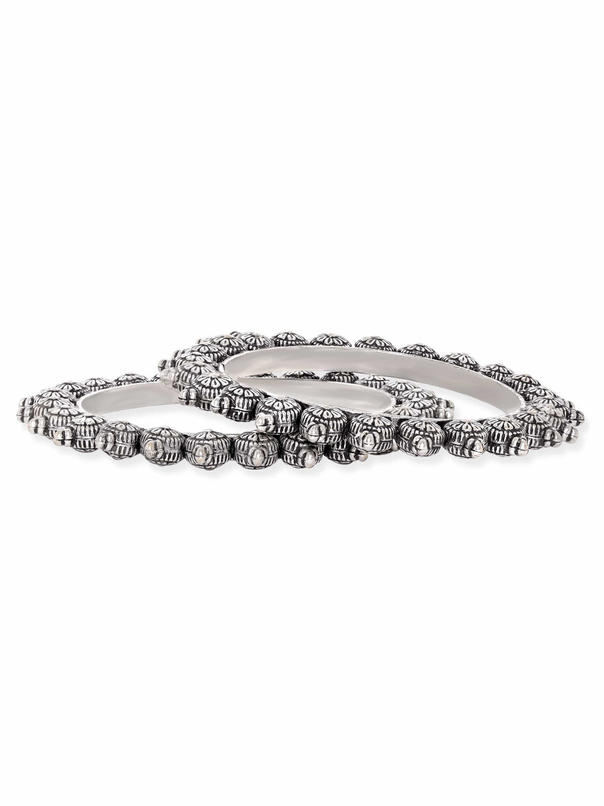 Rubans Set of 2 Oxidized Silver plated Bangles with Lotus Motif 2.6 - Medium