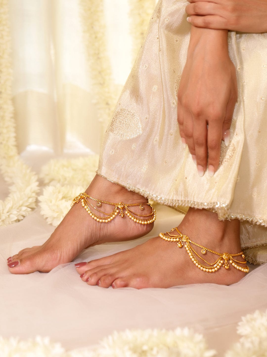 Rubans Set of 2 Pearls & Stone Studded 24K Gold Plated Layered Anklet Gold
