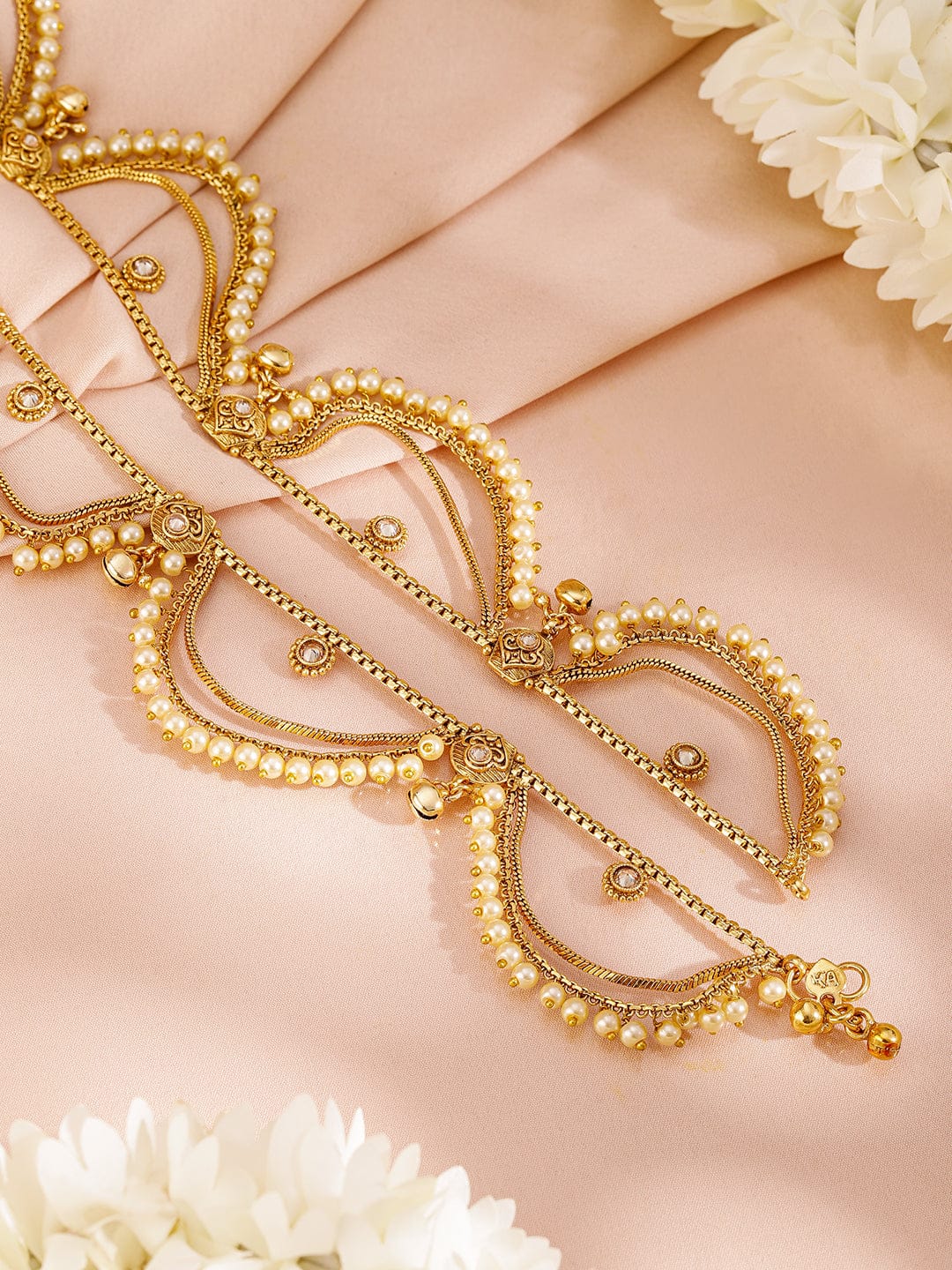 Rubans Set of 2 Pearls & Stone Studded 24K Gold Plated Layered Anklet Gold