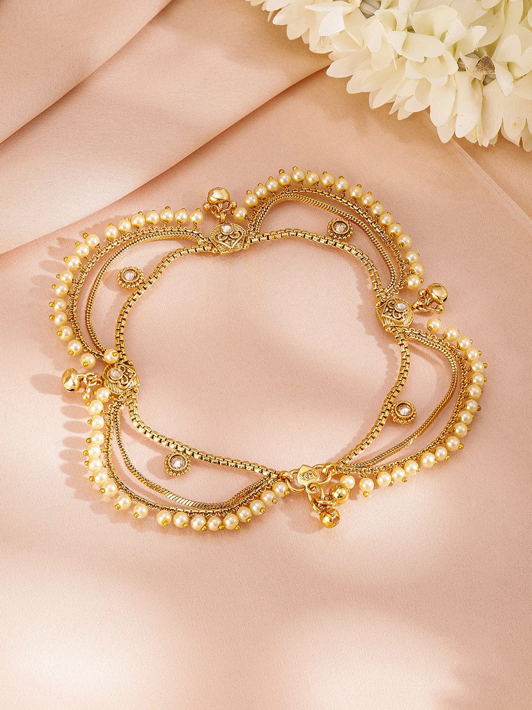 Rubans Set of 2 Pearls & Stone Studded 24K Gold Plated Layered Anklet Gold