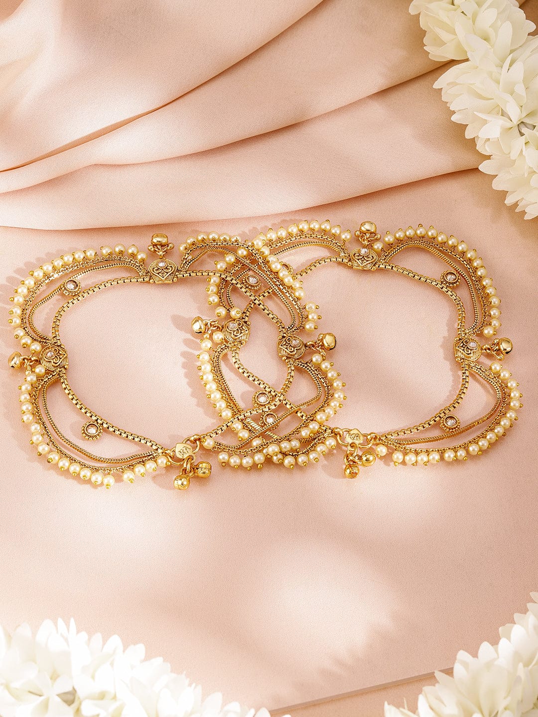 Rubans Set of 2 Pearls & Stone Studded 24K Gold Plated Layered Anklet Gold