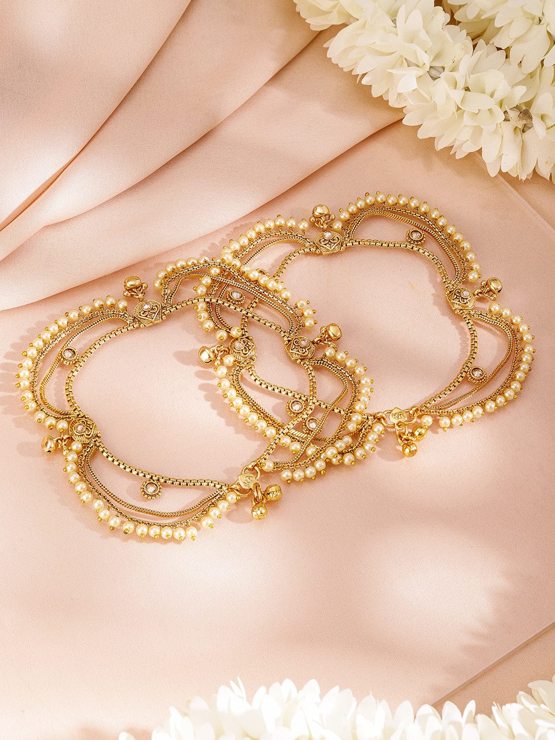 Rubans Set of 2 Pearls & Stone Studded 24K Gold Plated Layered Anklet Gold