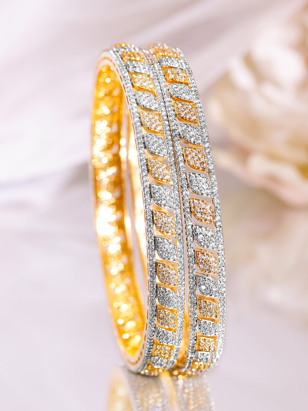 Rubans Set of 2 Rhodium & 18K Gold-Plated Cubic Zirconia Studded Bangles 2.6 - Medium