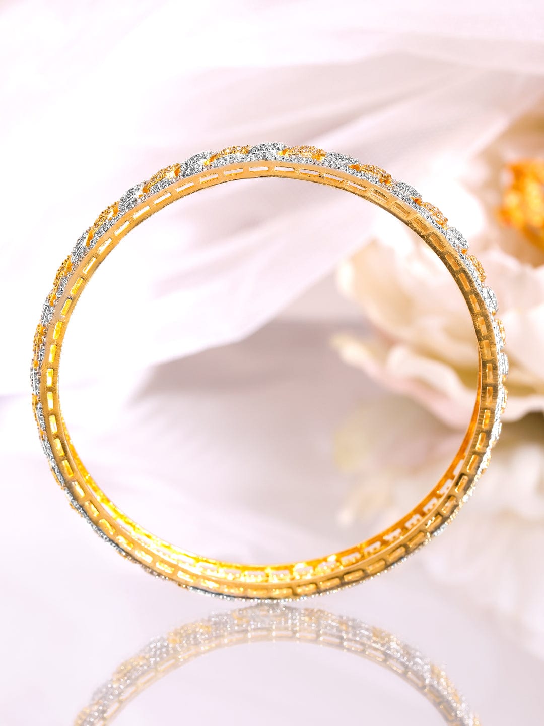 Rubans Set of 2 Rhodium & 18K Gold-Plated Cubic Zirconia Studded Bangles 2.6 - Medium