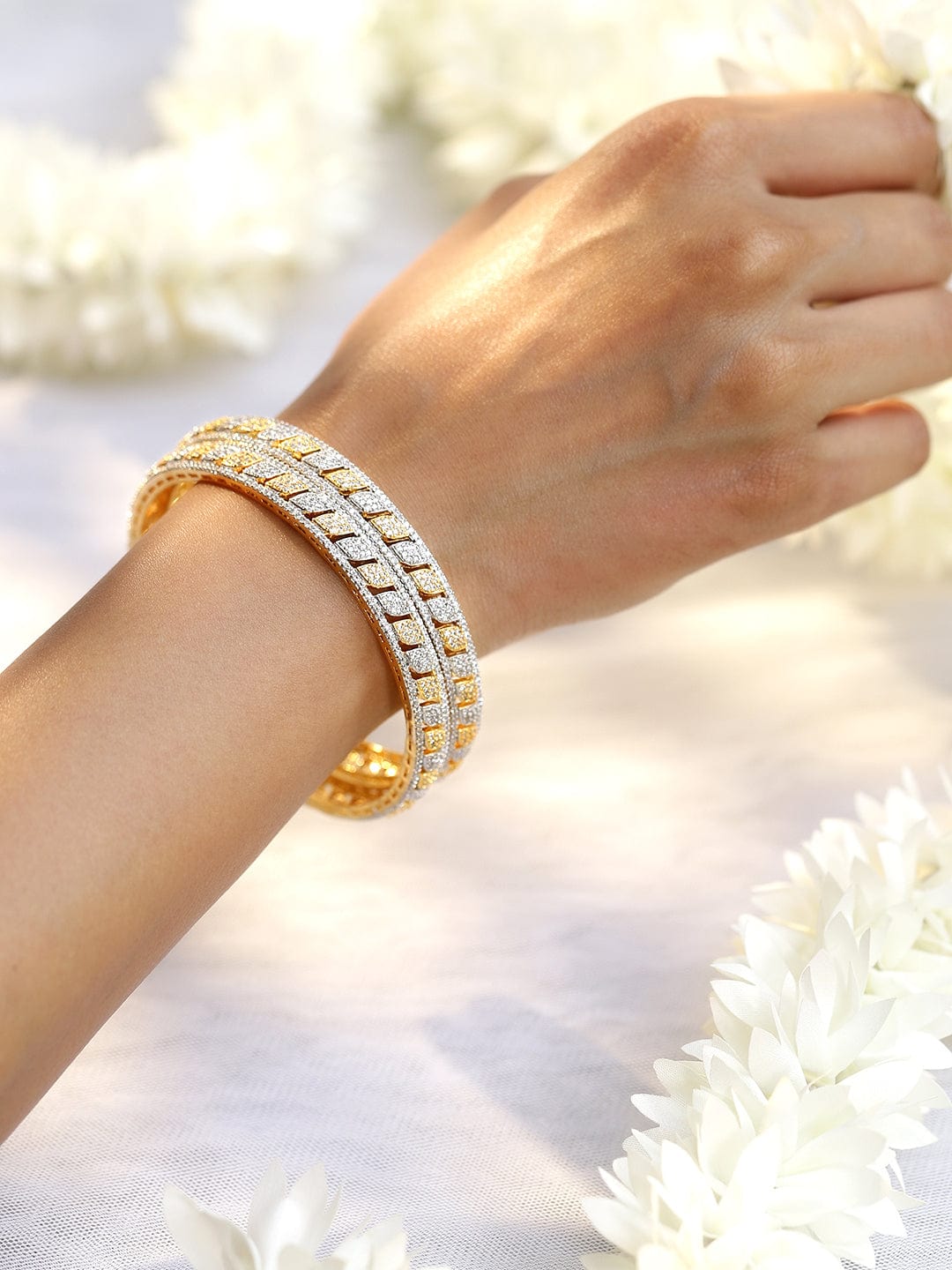 Rubans Set of 2 Rhodium & 18K Gold-Plated Cubic Zirconia Studded Bangles 2.6 - Medium