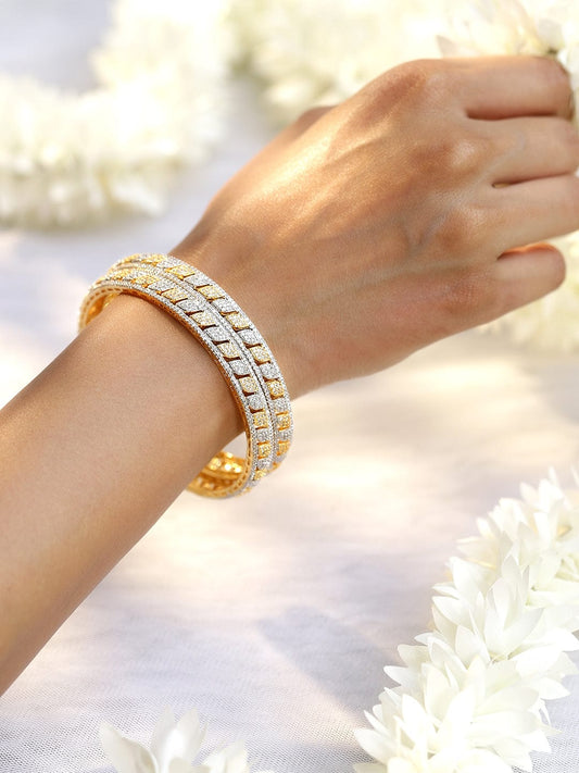Rubans Set of 2 Rhodium & 18K Gold-Plated Cubic Zirconia Studded Bangles 2.8 - Large