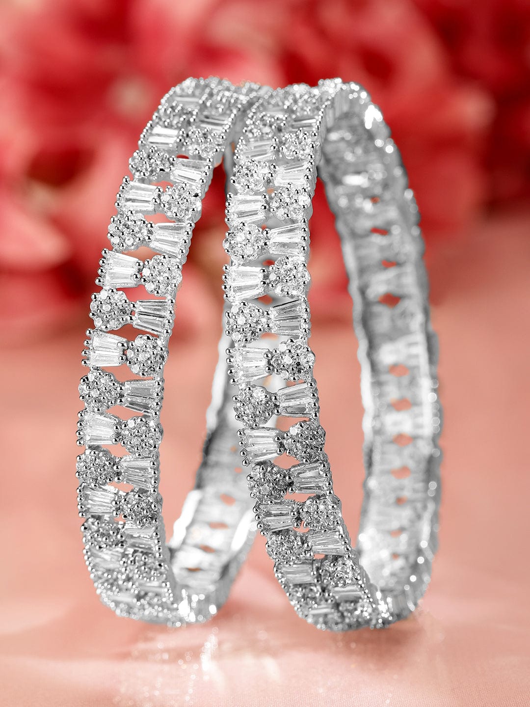 Rubans Set of 2 Rhodium-Plated AAA Cubic Zirconia Studded Handcrafted Premium Bangles 2.4 - Small