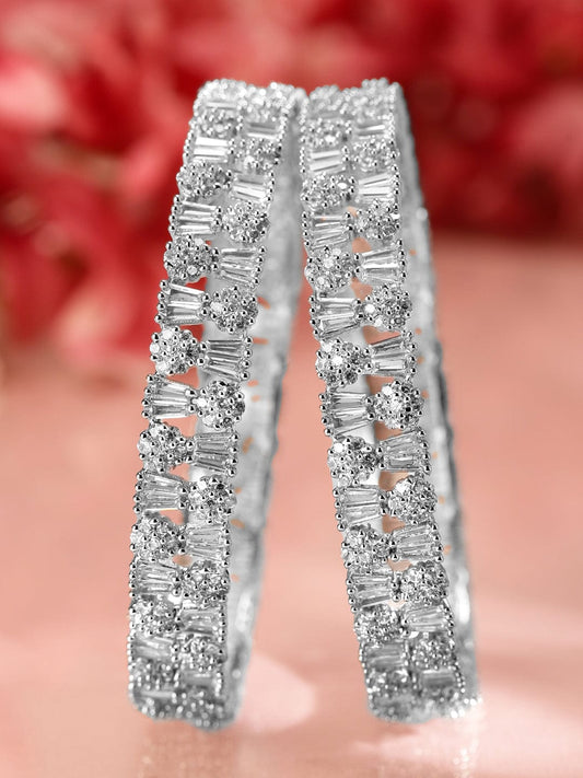 Rubans Set of 2 Rhodium-Plated AAA Cubic Zirconia Studded Handcrafted Premium Bangles 2.6 - Medium