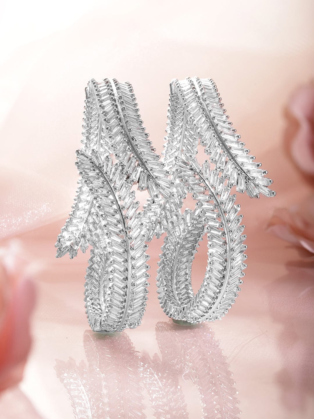 Rubans Set of 2 Rhodium-Plated AD & Cubic Zirconia Studded Premium Bangles 2.8 - Large