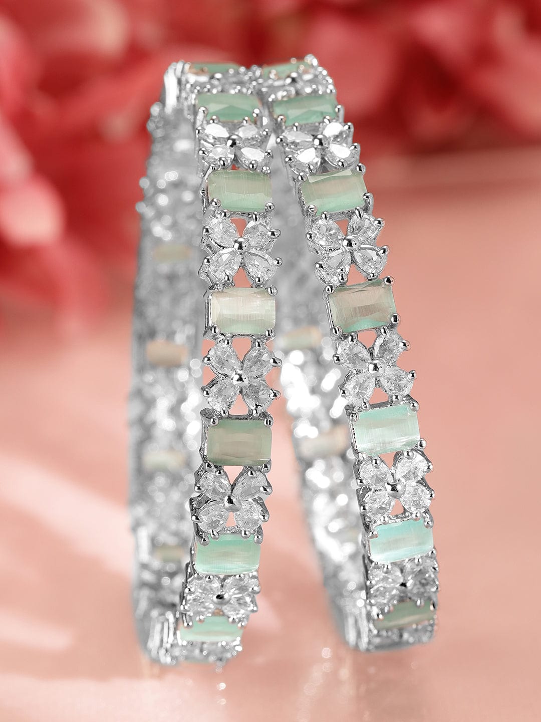 Rubans Set of 2 Rhodium-Plated Bangles with Mint Green Stones & Cubic Zirconia 2.8 - Large