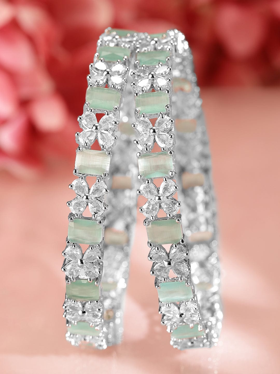 Rubans Set of 2 Rhodium-Plated Bangles with Mint Green Stones & Cubic Zirconia 2.6 - Medium