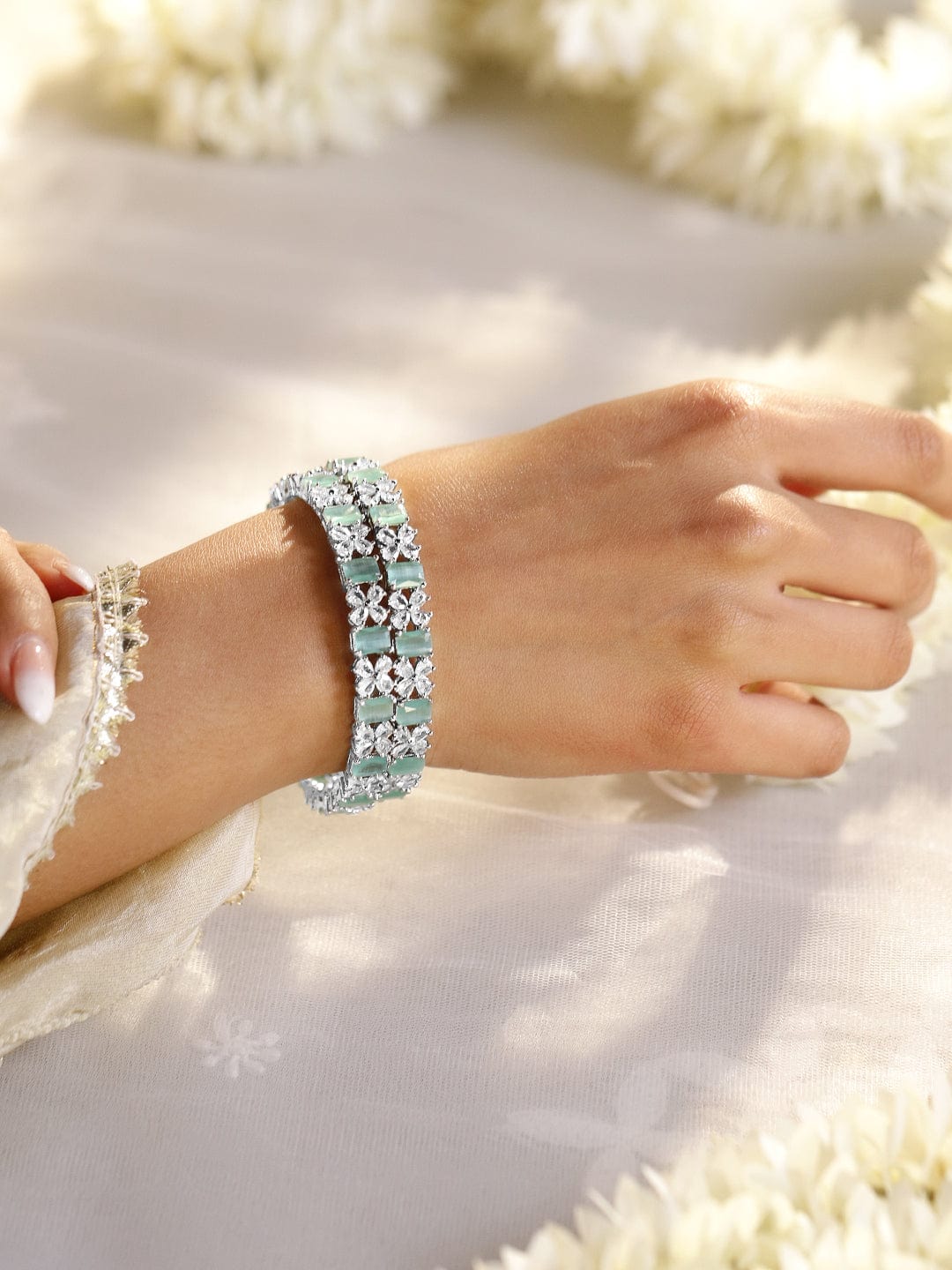 Rubans Set of 2 Rhodium-Plated Bangles with Mint Green Stones & Cubic Zirconia 2.6 - Medium
