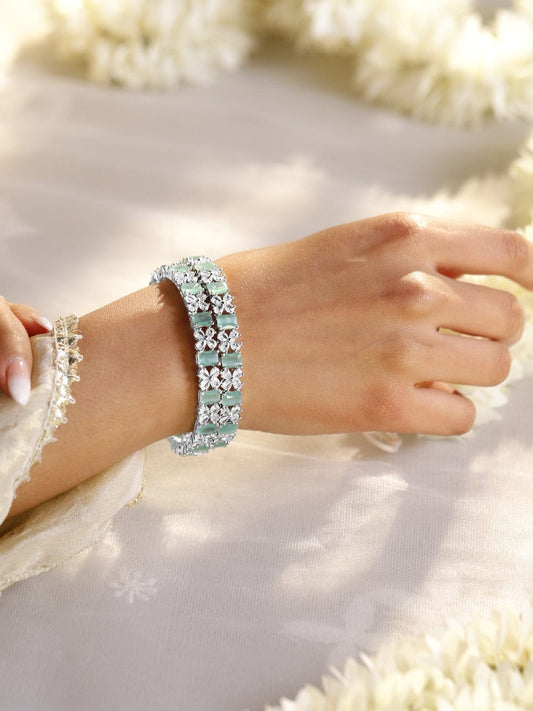 Rubans Set of 2 Rhodium-Plated Bangles with Mint Green Stones & Cubic Zirconia 2.6 - Medium