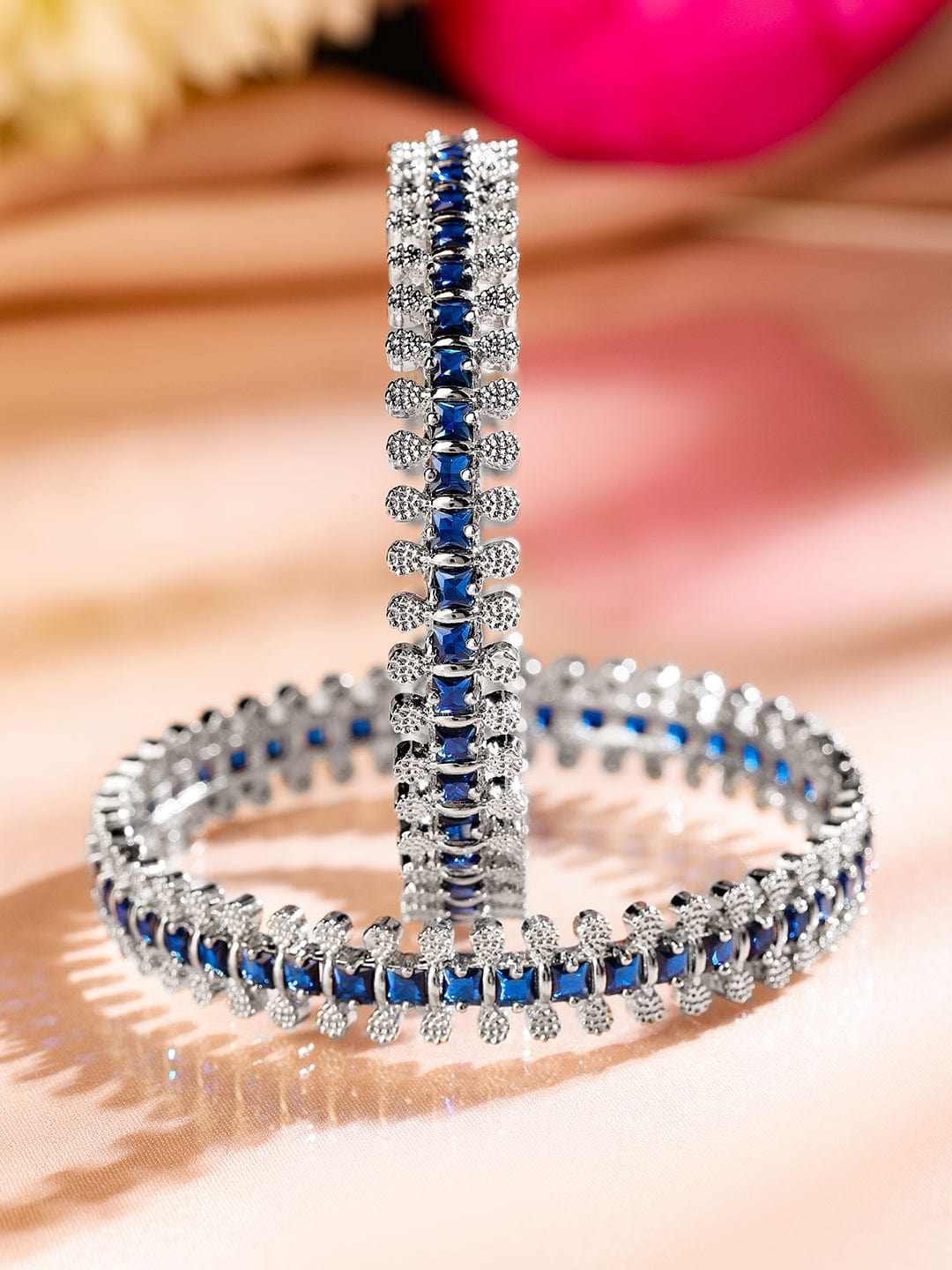 Rubans Set of 2 Rhodium-Plated Blue & White Cubic Zirconia Studded Handcrafted Luxe Bangles for Women 2.4 - Small