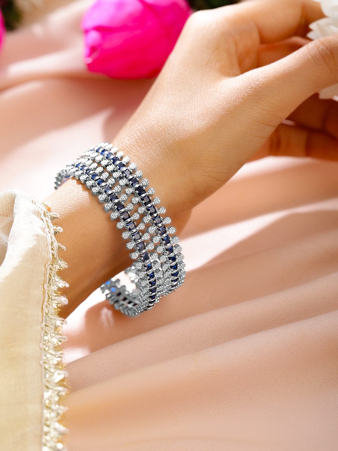 Rubans Set of 2 Rhodium-Plated Blue & White Cubic Zirconia Studded Handcrafted Luxe Bangles for Women 2.4 - Small