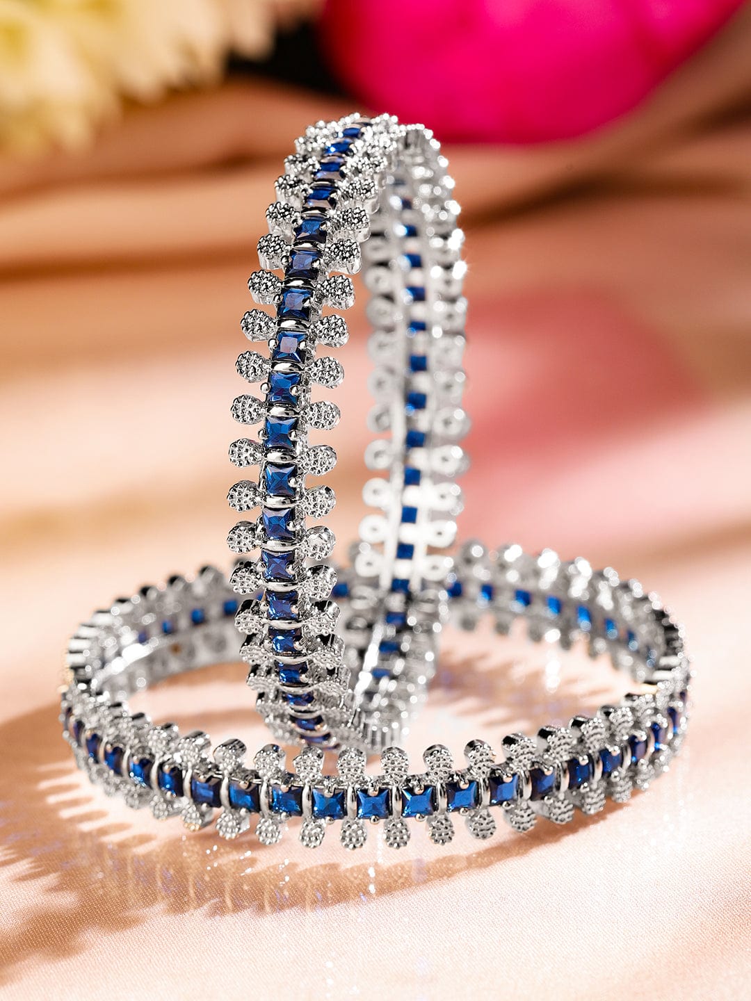 Rubans Set of 2 Rhodium-Plated Blue & White Cubic Zirconia Studded Handcrafted Luxe Bangles for Women 2.6 - Medium