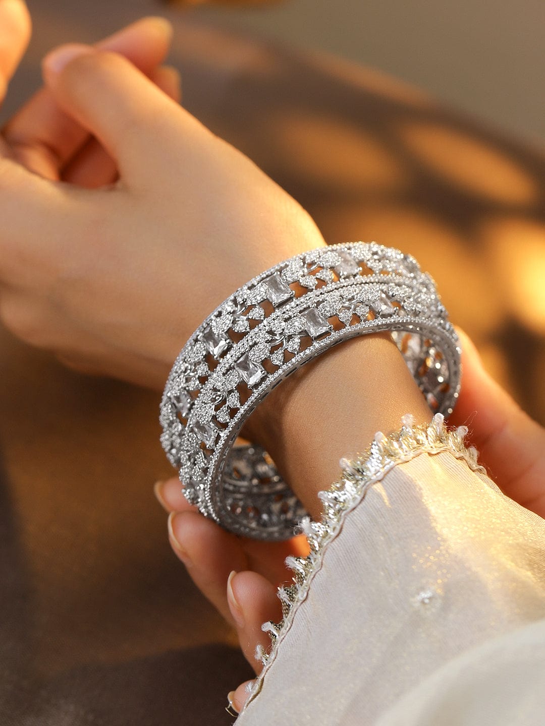Rubans Set of 2, Rhodium-Plated Cubic Zirconia Studded Premium Handcrafted Bangles 45871