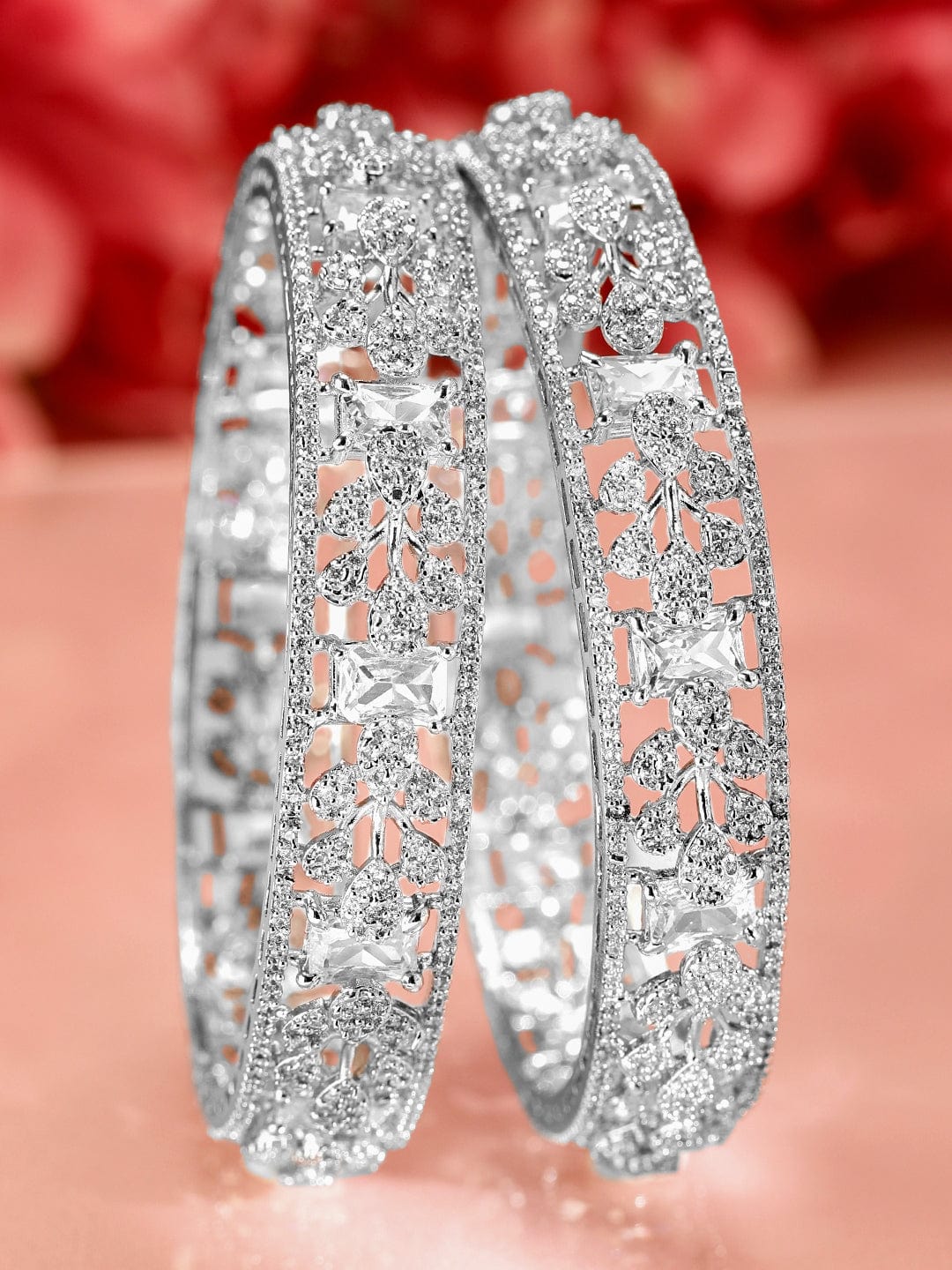 Rubans Set of 2, Rhodium-Plated Cubic Zirconia Studded Premium Handcrafted Bangles 45871