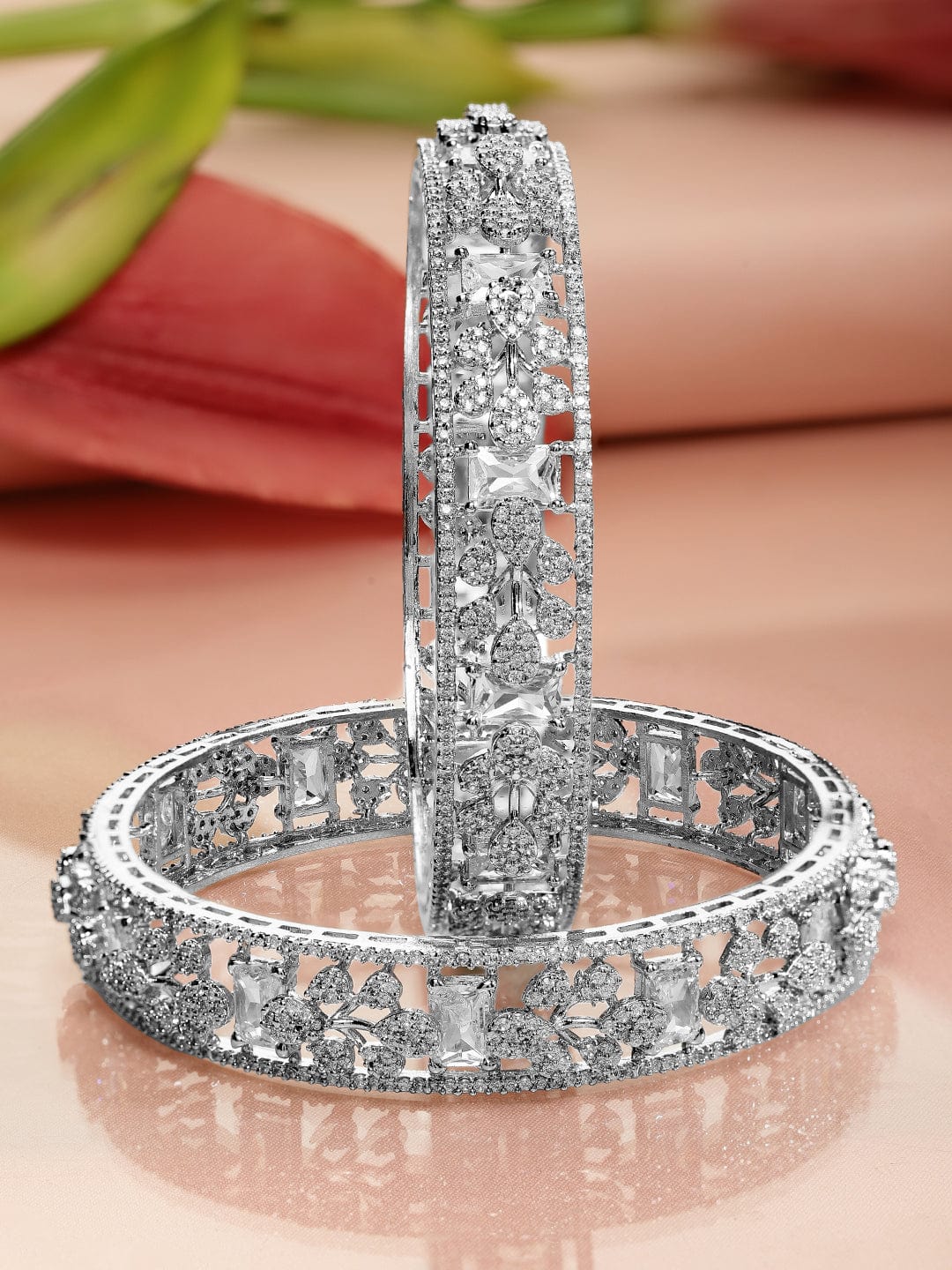 Rubans Set of 2, Rhodium-Plated Cubic Zirconia Studded Premium Handcrafted Bangles 2.8 - Large