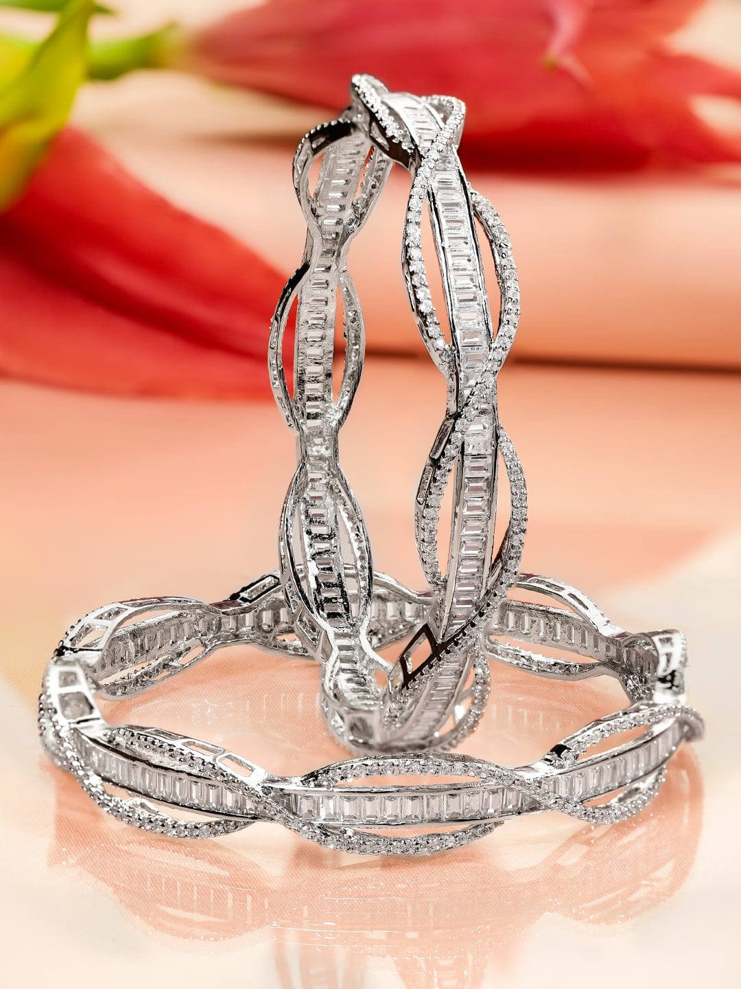 Rubans Set of 2 Rhodium-Plated Cubic Zirconia Studded Twisted Design Premium Bangles 2.4 - Small