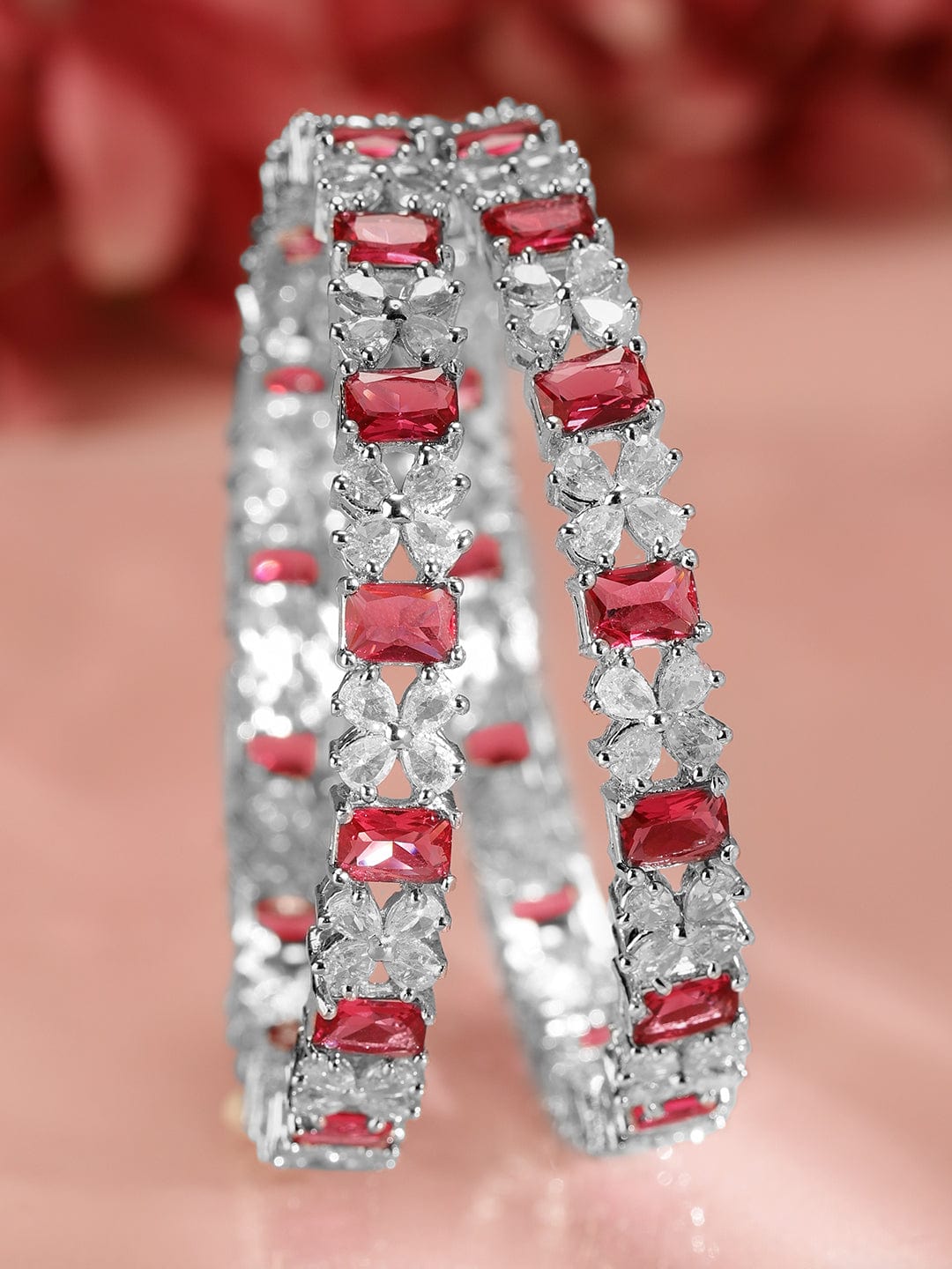 Rubans Set of 2 Rhodium-Plated Ruby Pink & White Cubic Zirconia Studded Bangles 2.4 - Small
