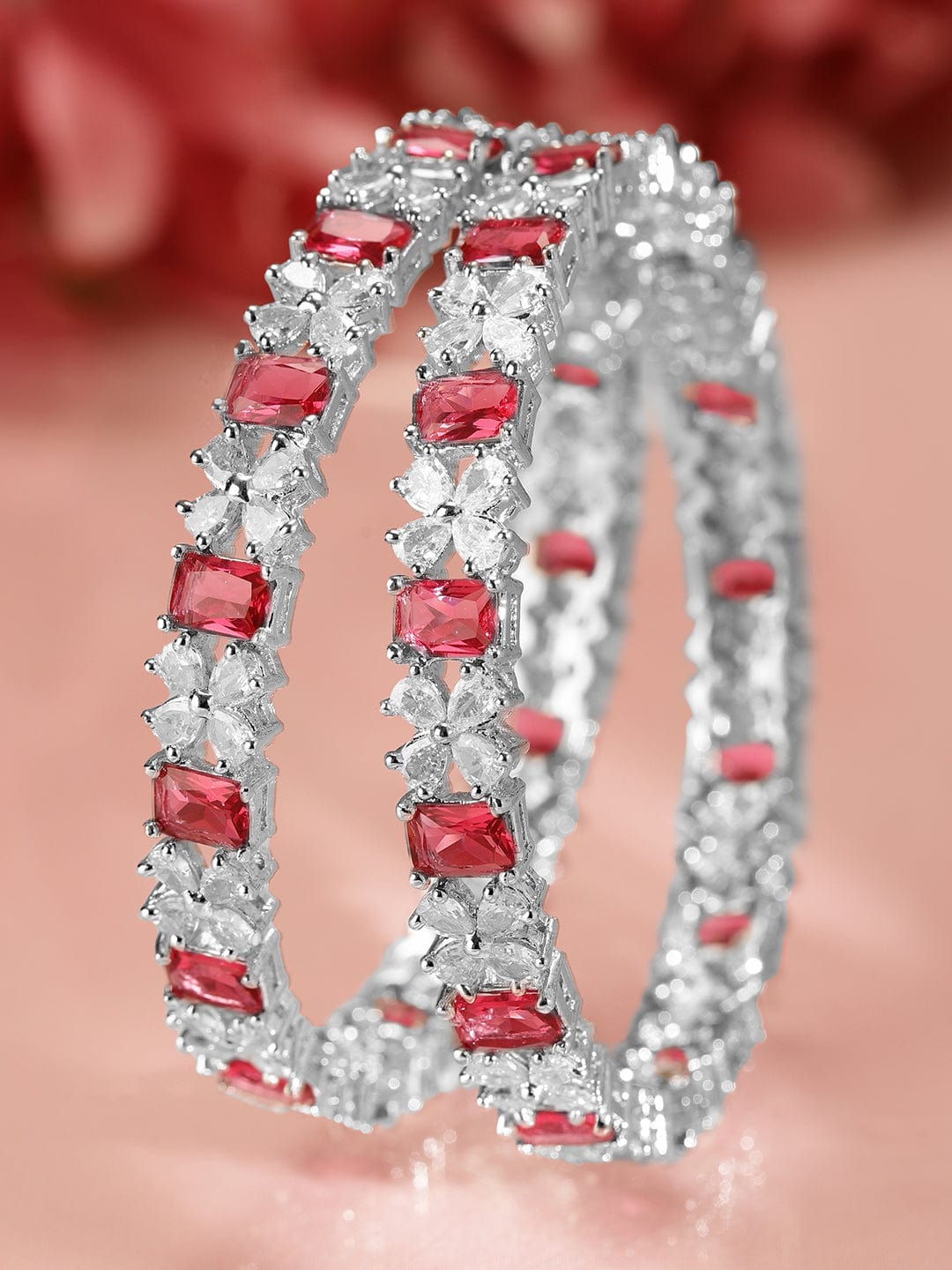 Rubans Set of 2 Rhodium-Plated Ruby Pink & White Cubic Zirconia Studded Bangles 2.4 - Small