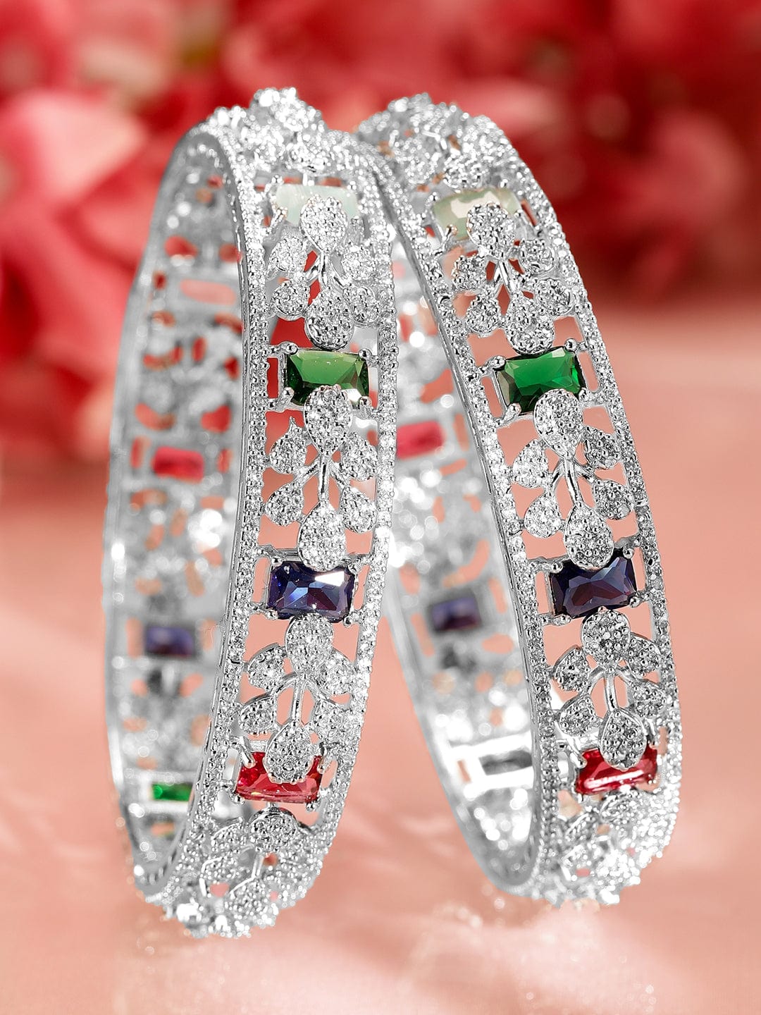 Rubans Set Of 2 Rhodium-Plated CZ Studded Bangles 45810