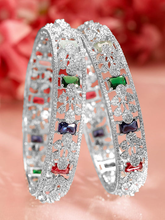 Rubans Set Of 2 Rhodium-Plated CZ Studded Bangles 45871