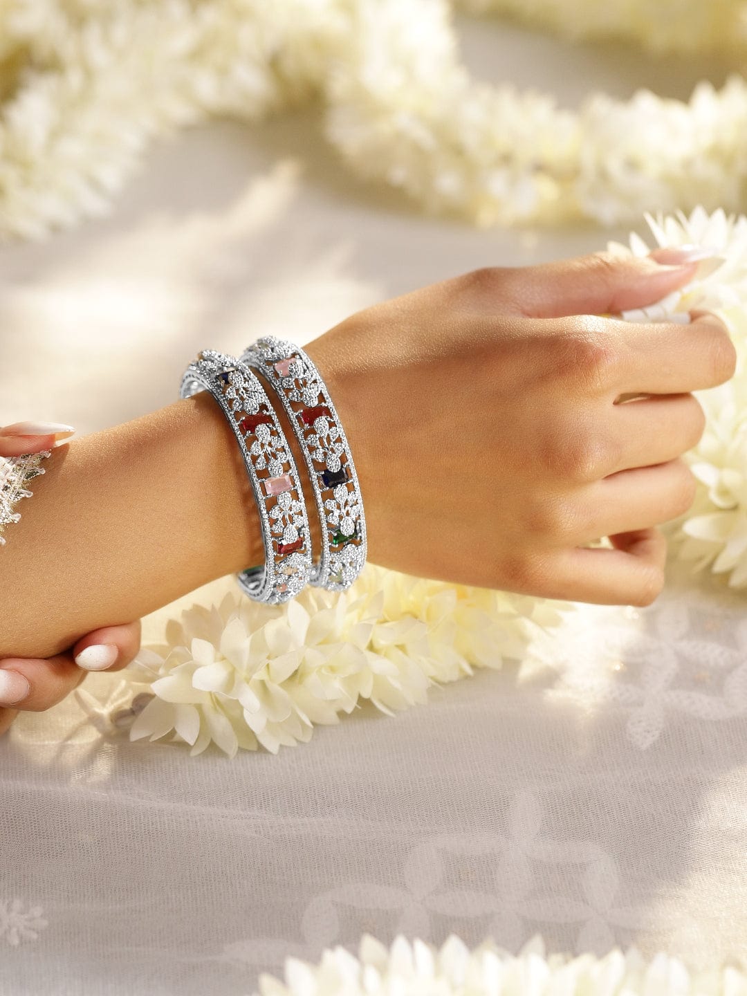 Rubans Set Of 2 Rhodium-Plated CZ Studded Bangles 45749