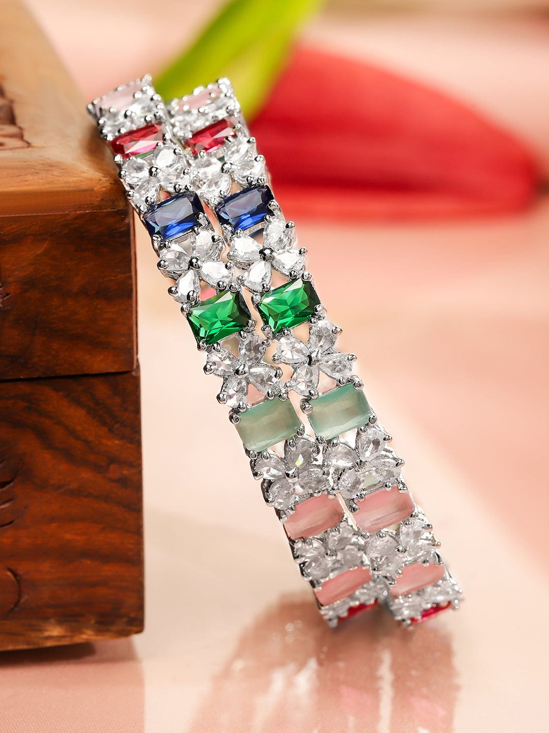 Rubans Set of 2 Rhodium-Plated Multicolor AD & Cubic Zirconia Studded Floral Bangles 2.4 - Small