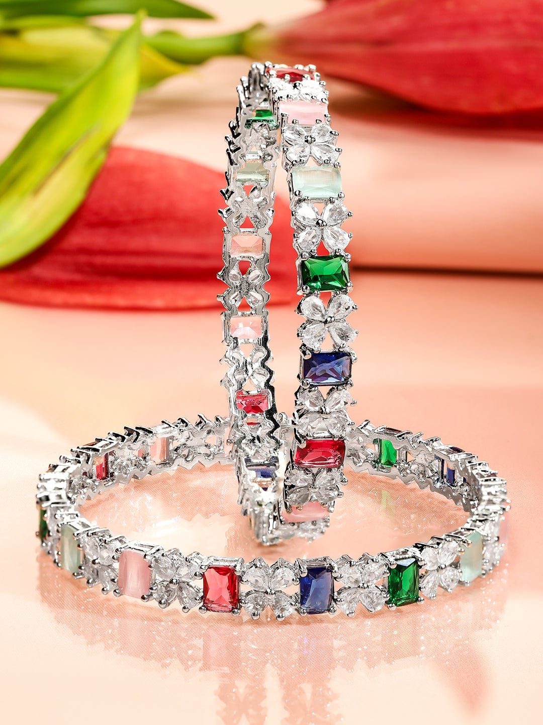Rubans Set of 2 Rhodium-Plated Multicolor AD & Cubic Zirconia Studded Floral Bangles 2.4 - Small