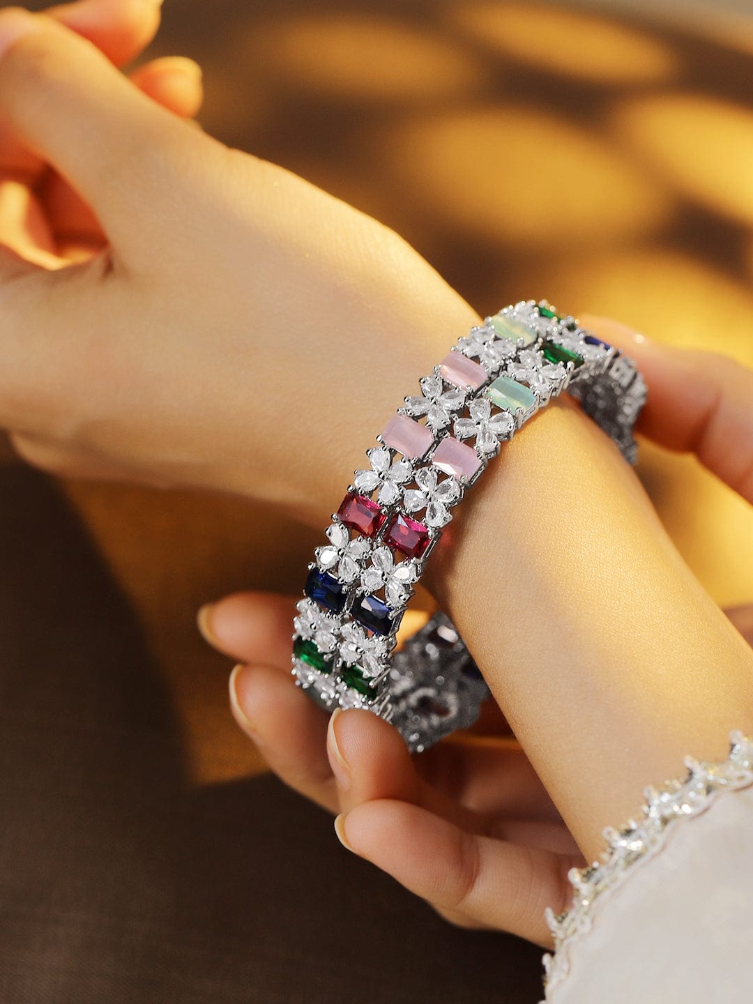 Rubans Set of 2 Rhodium-Plated Multicolor AD & Cubic Zirconia Studded Floral Bangles 2.4 - Small