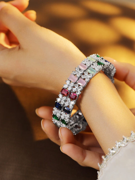 Rubans Set of 2 Rhodium-Plated Multicolor AD & Cubic Zirconia Studded Floral Bangles 2.4 - Small