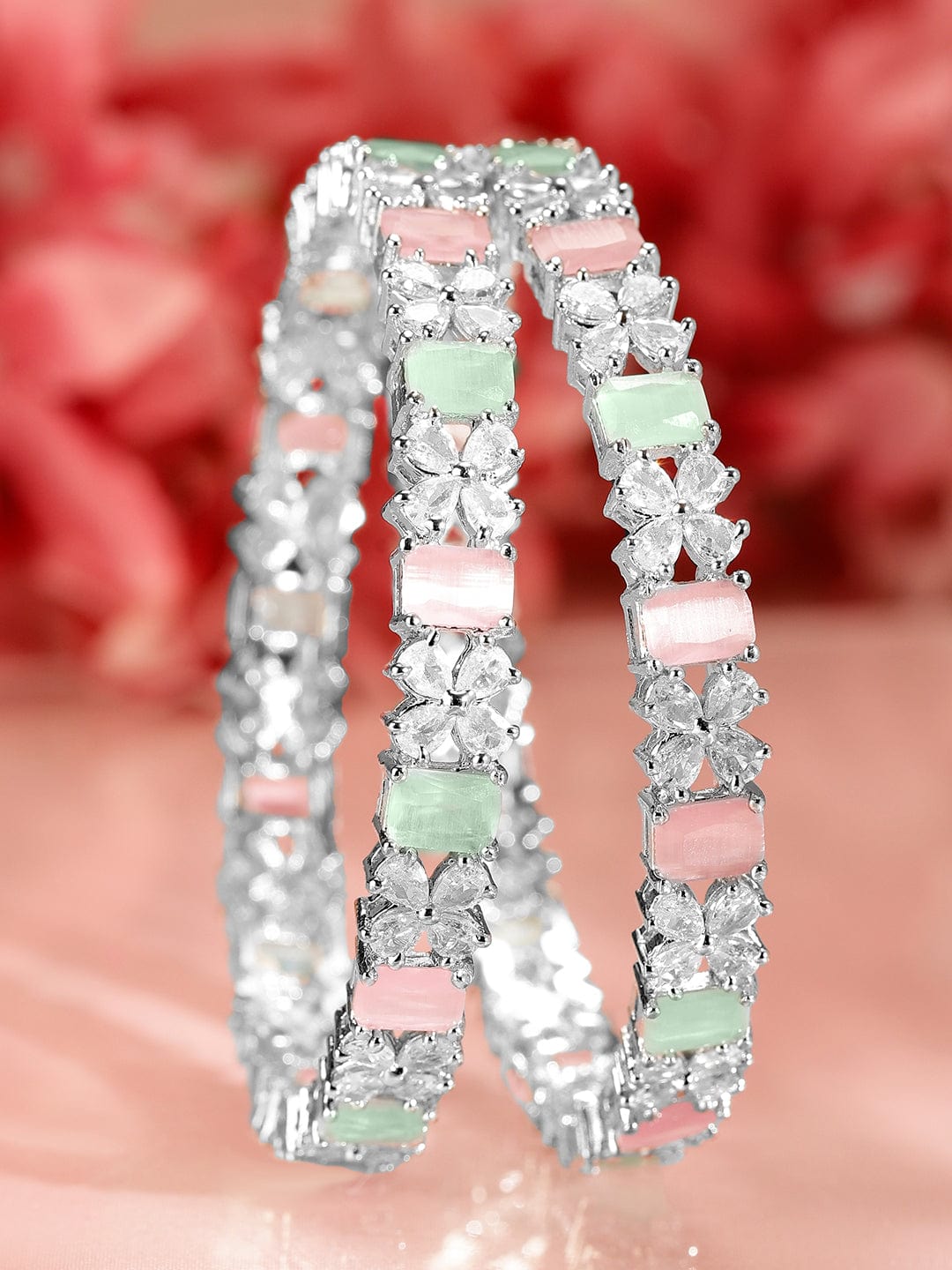 Rubans Set of 2 Rhodium-Plated Pastel Green & Pink and White Cubic Zirconia Studded Bangles 2.4 - Small
