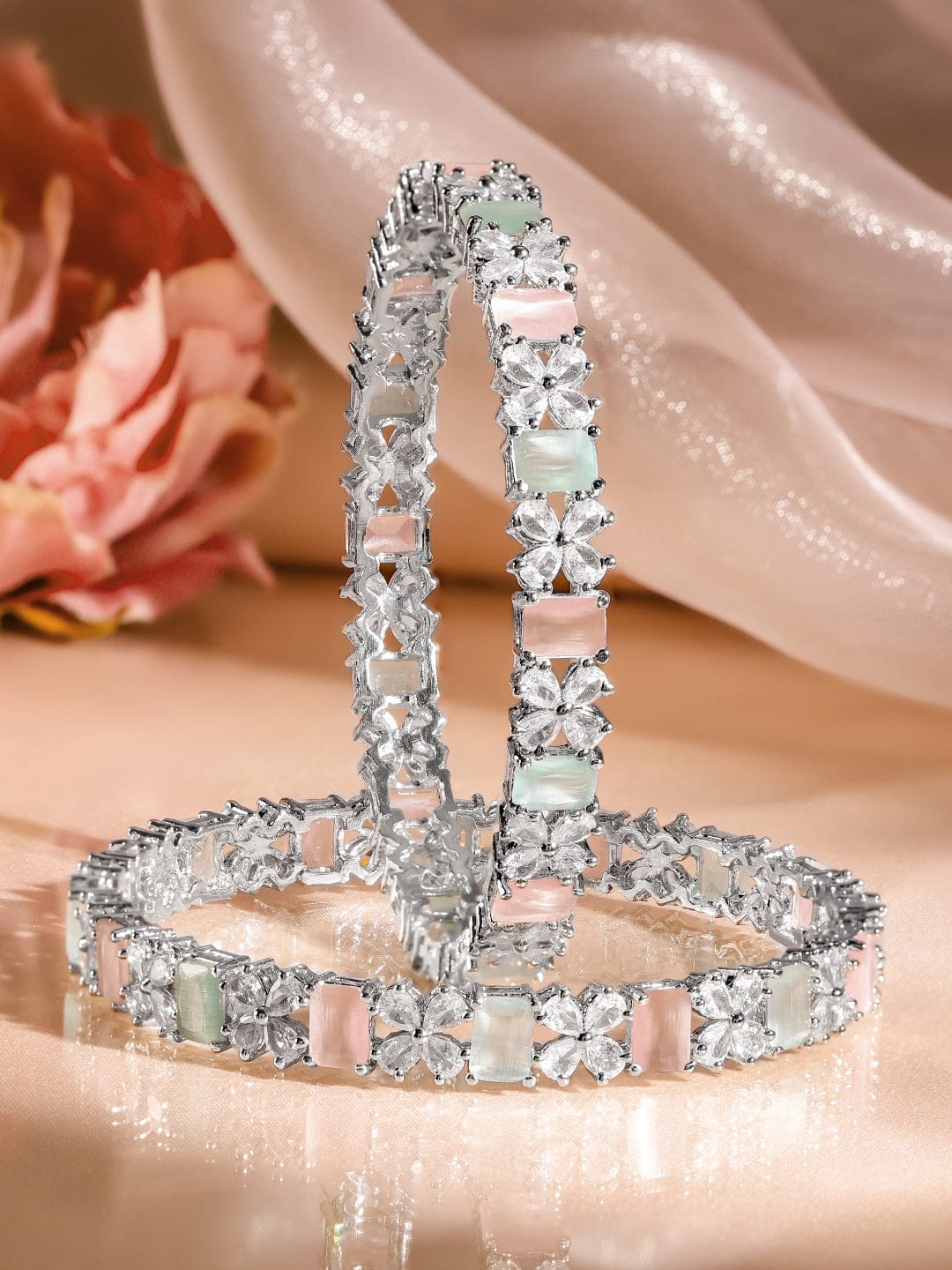 Rubans Set of 2 Rhodium-Plated Pastel Green & Pink and White Cubic Zirconia Studded Bangles 2.6 - Medium
