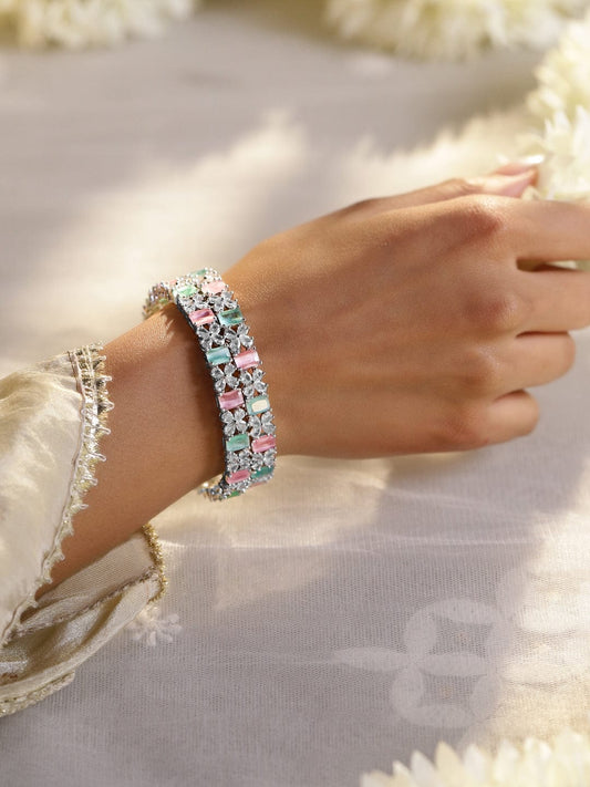 Rubans Set of 2 Rhodium-Plated Pastel Green & Pink and White Cubic Zirconia Studded Bangles 2.4 - Small