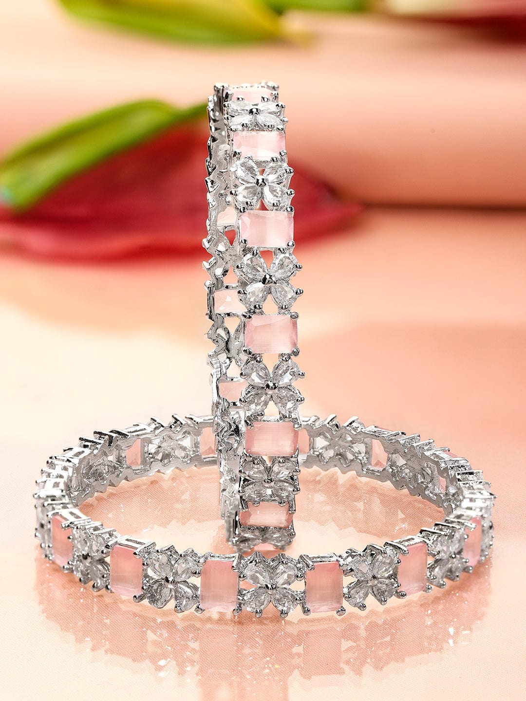 Rubans Set of 2 Rhodium-Plated Pastel Pink & White Cubic Zirconia Studded Bangles 2.8 - Large