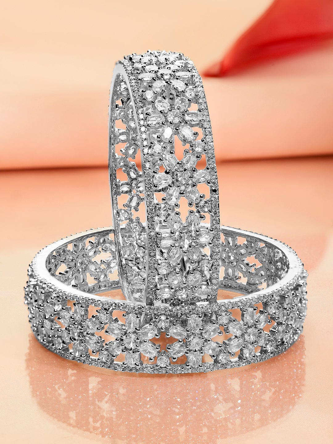 Rubans Set of 2 Rhodium Plated Premium Quality White AD & Cubic Zirconia Studded Bangles 2.4 - Small