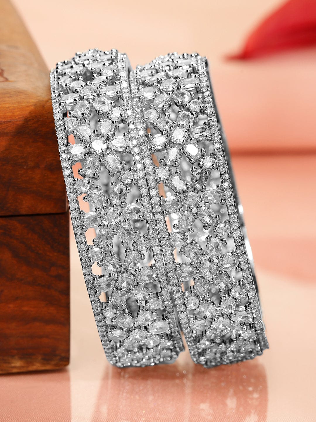 Rubans Set of 2 Rhodium Plated Premium Quality White AD & Cubic Zirconia Studded Bangles 2.4 - Small