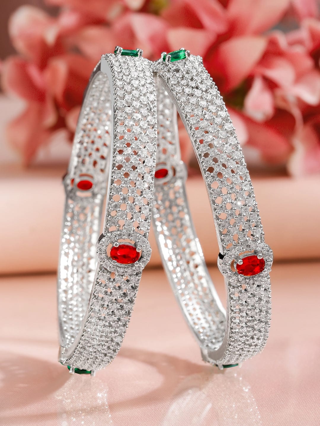 Rubans Set of 2 Rhodium-Plated Ruby Emerald and Cubic Zirconia Studded Premium Bangles 2.8 - Large
