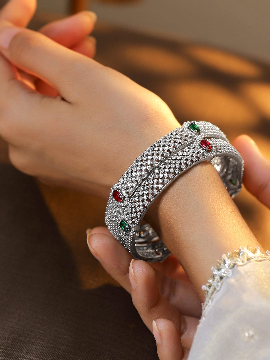 Rubans Set of 2 Rhodium-Plated Ruby Emerald and Cubic Zirconia Studded Premium Bangles 2.8 - Large