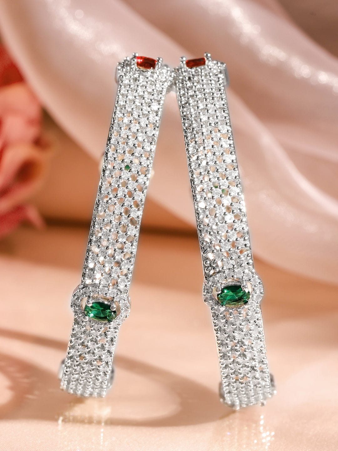 Rubans Set of 2 Rhodium-Plated Ruby Emerald and Cubic Zirconia Studded Premium Bangles 2.8 - Large